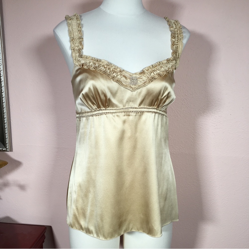 Ellie Tahari Gold Silk Satin Victorian Ruffle sweetheart neckline Camisole top - Picture 3 of 16